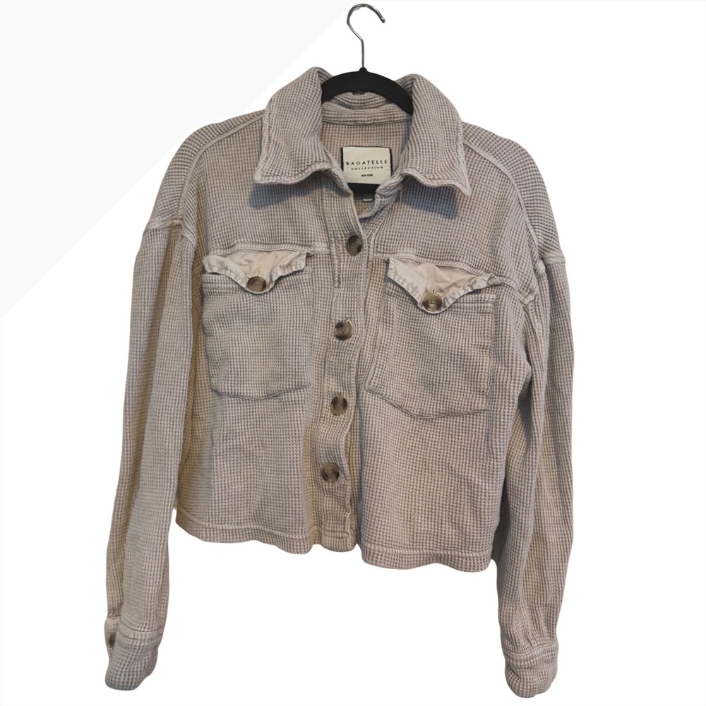 Bagatelle Light Beige Waffle Knit Button Up Chest Pocket Long Sleeves Size L